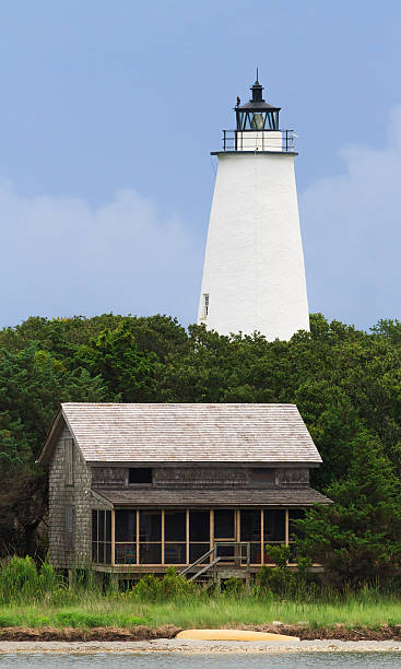 Ocracoke LIght and Beach House The  Lighthouse and a beach house with shake siding are viewed from the water off Ocracoke Island, part of North Carolina's Outer Banks. ocracoke lighthouse stock pictures, royalty-free photos & images