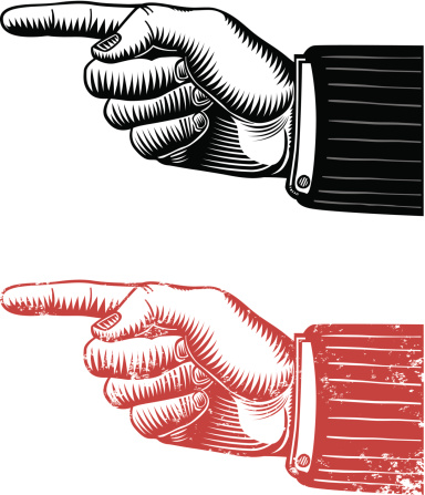 A pointing finger in a classic woodcut style. The hand is one shape, with the non-grunge version having separate pinstripes on an additional layer.