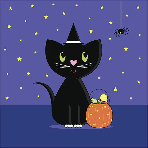 Vector illustration of Halloween Cat with Trick or Treat Basket