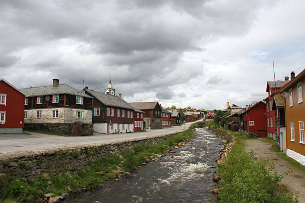 Roros cityscape group of old reconstructed houses in Roros, Unesco World Heritage Site, Norway roros mining city stock pictures, royalty-free photos & images