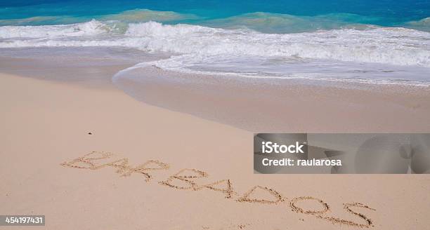 Barbados Inscribed In Sand Stock Photo - Download Image Now - Barbados, Beach, Blue