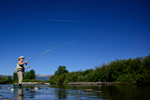 An adult woman, dressed in full fly-fishing attire, fishes Ten Mile Creek,  west of Frisco, Colorado, in the Rocky Mountains, during the month of August.