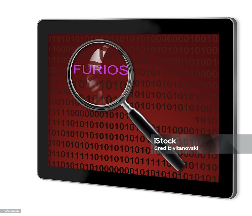 close up of magnifying glass on furios close up of magnifying glass onfurios  on screen of tablet  made in 3d software Binary Code Stock Photo