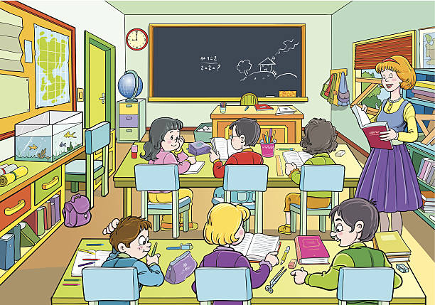 An illustration of a cartoon class room with six pupils Illustration of classroom. kids classroomv stock illustrations