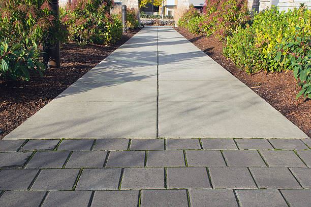Commercial Outdoor Sidewalk Landscaping Commercial Outdoor Space Sidewalk Landscaping with Walk Path and Plants hardscape photos stock pictures, royalty-free photos & images
