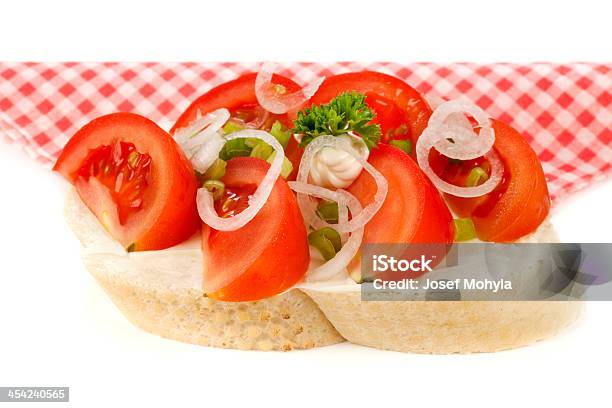 Open Sandwich With Tomatoes And Onion Stock Photo - Download Image Now - Appetizer, Baguette, Bread