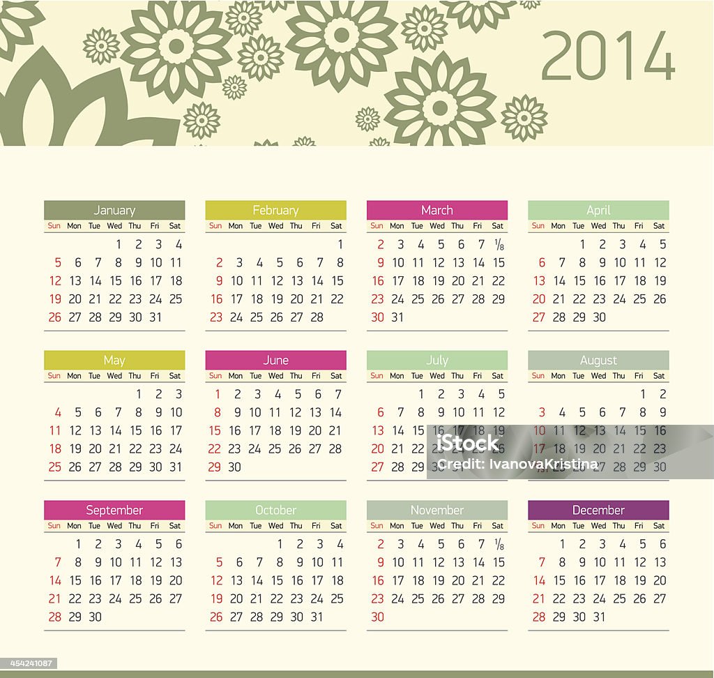 Calendário de vetor para 2014 - Royalty-free 12-15 Meses arte vetorial