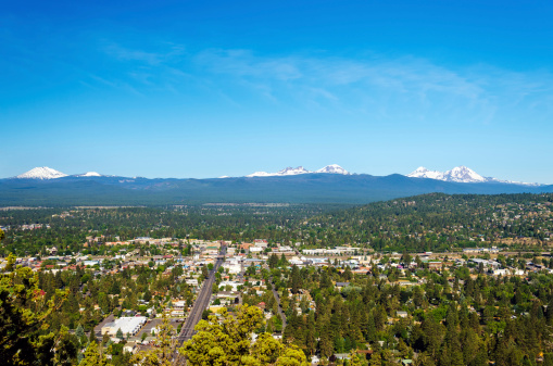 View of Bend and part of the Cascade Mountain Range in Central Oregon
