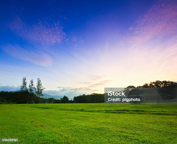 Por La Mañana El Estadio De Fútbol Con Sunrise Foto de stock y más banco de imágenes de Campo - Lugar deportivo - Campo - Lugar deportivo, Abstracto, Ajardinado