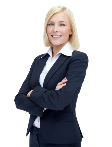 Cropped portrait of a smiling suit-clad businesswoman isolated on white