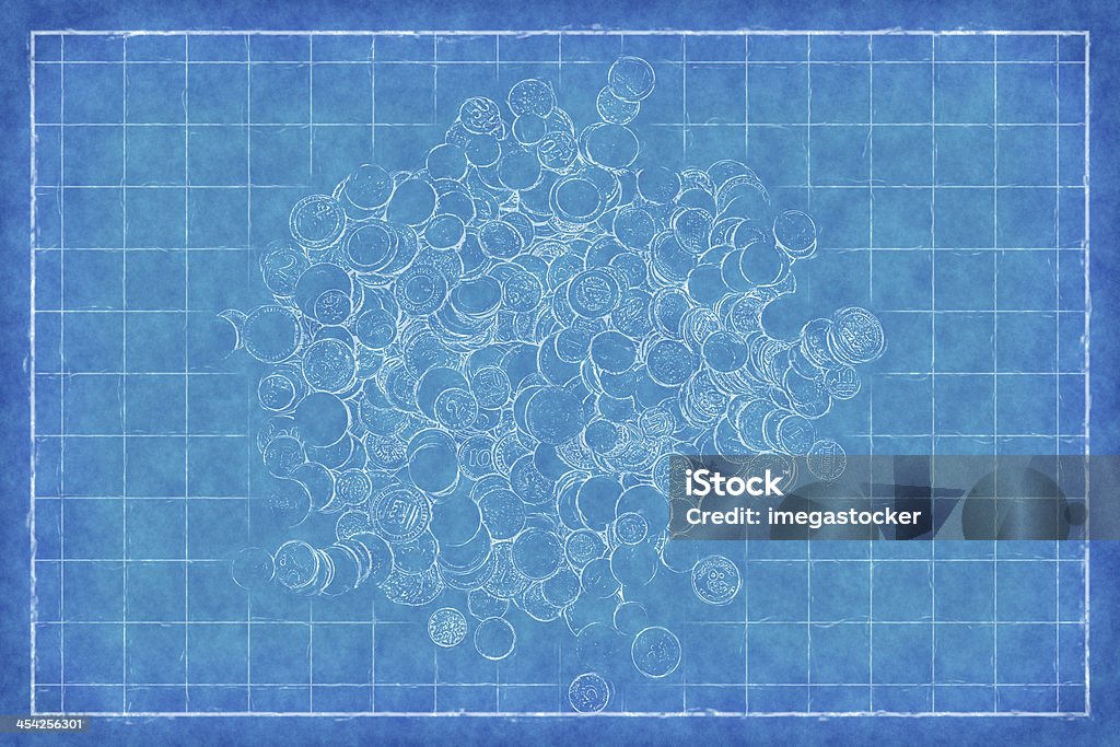 Pila de monedas de impresión azul - Foto de stock de Actividades bancarias libre de derechos
