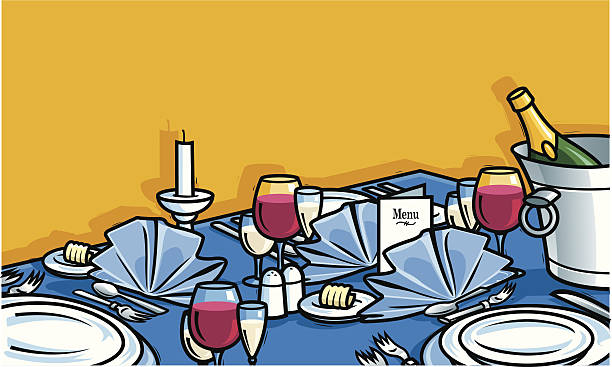 perfect table in chique restaurant A perfect table chique in a chique restaurant with napkins, plates, silver fork and knives, champagne, red wine, white wine, butter, pepper, salt, menu, ice bucket, table-cloth, table-cover, party, diner. chewing tobacco stock illustrations