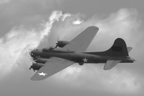 A black & white treatment of an airborne WWII veteran B17G Flying Fortress bomber.