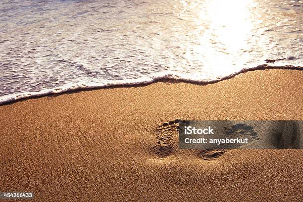 Footprints In The Sand Along The Shoreline Stock Photo - Download Image Now - Footprint, Beach, Two Objects