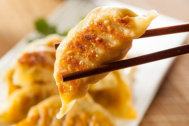 Homemade Asian Vegeterian Potstickers Homemade Asian Vegeterian Potstickers with soy sauce and pork chinese dumpling stock pictures, royalty-free photos & images