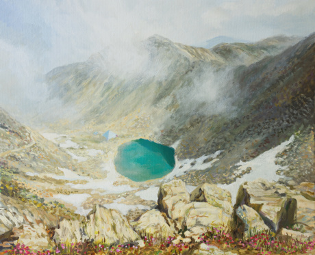 An oil painting on canvas of the highest peak in Bulgaria Musala on mountain Rila with a crystal clear glacier lake at the bottom of the rocky ridge in a bright sunny day.