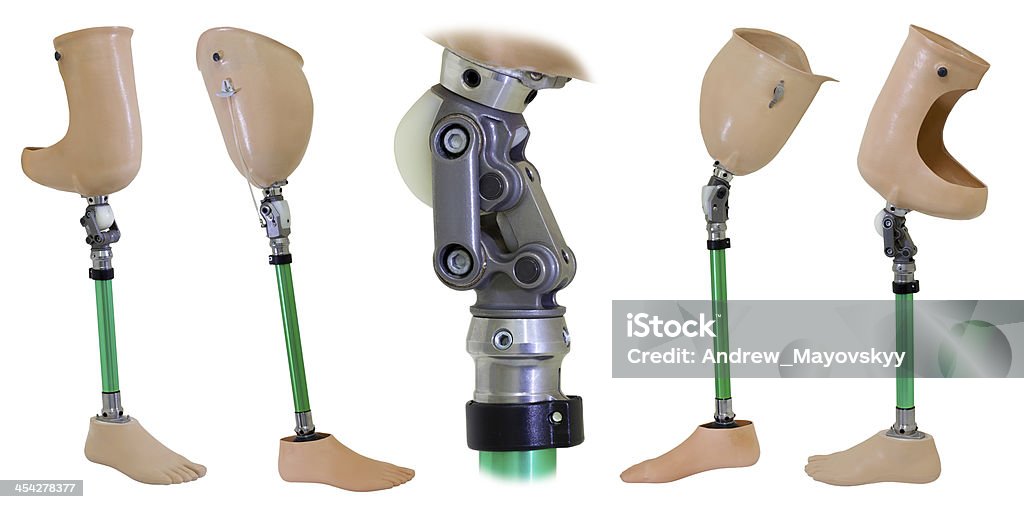 Four views of prosthetic legs and knee mechanism Four views of prosthetic legs and knee mechanism isolated on white Prosthetic Equipment Stock Photo