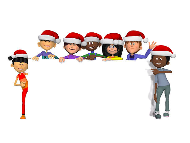 Kids with a blank  sign and christmas hats stock photo