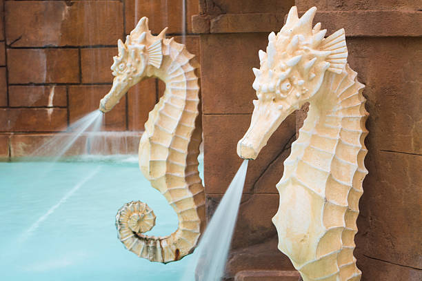 Pair of poolside stoen seahorse fountains stock photo