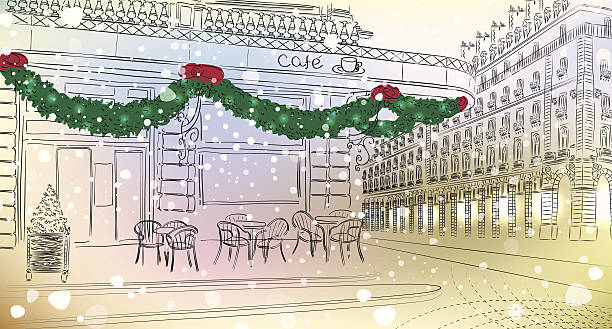 Restaurant facade with Christmas decorations in old city Restaurant facade with Christmas decorations in old city, file Eps (10) winter wonderland london stock illustrations