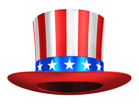 Creative abstract USA traditional symbol and US flag color concept: Uncle Sam hat with red stripes and blue stars isolated on white background