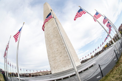 Washington Monument in Fisheye View with surrounding flags