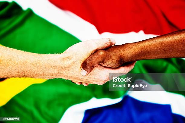 O Arcoíris Nação Interracial Aperto De Mão Contra Bandeira Da África Do Sul - Fotografias de stock e mais imagens de Bandeira da África do Sul