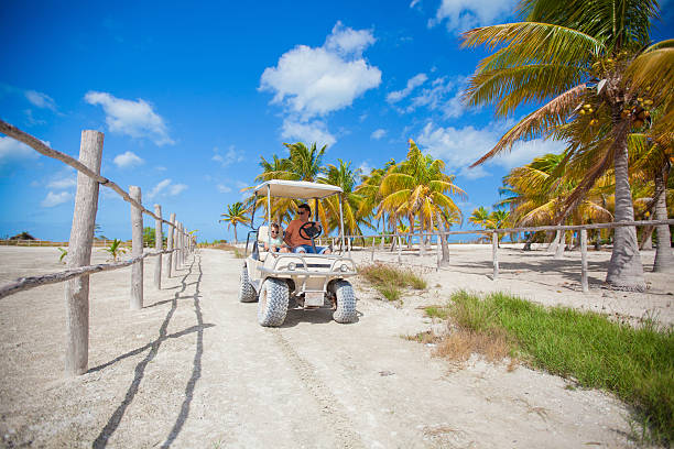 istock Dad with his daughters driving golf cart in palm grove 454311479