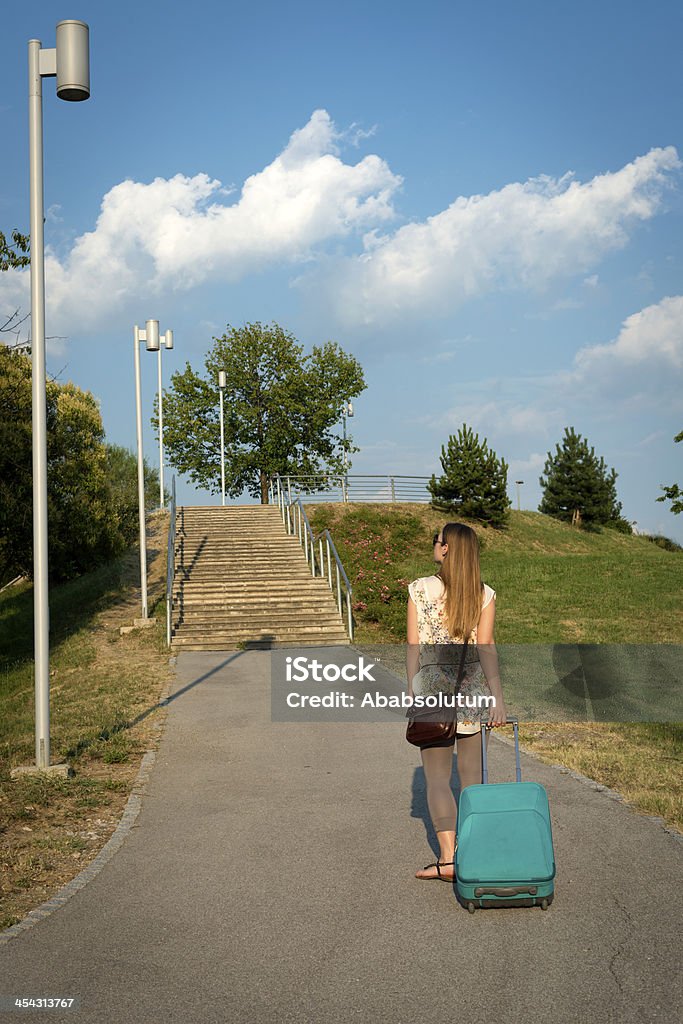 젊은 여자 걷기, 롤링 Sitcase - 로열티 프리 가로등 스톡 사진