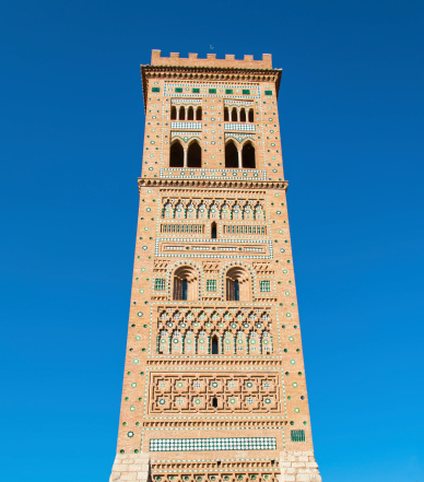 The Torre de San Martin (Tower of Saint Martin), a medieval structure built in the 14th century in Teruel, Aragon (Spain). The tower had originally an use as gate, and it was built in mudejar style, a mix of islamic and christian elements in architecture. This building was added to the UNESCO Heritage list in 1986.