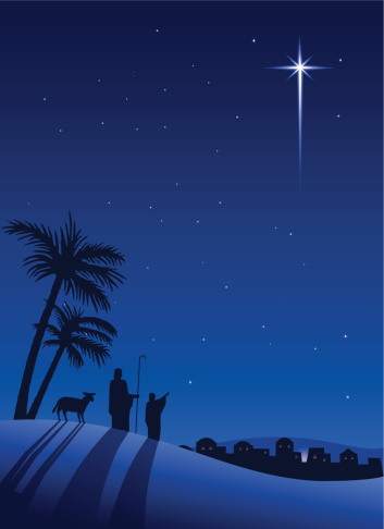 Shepherds overlooking Bethlehem with the star in the night blue sky.