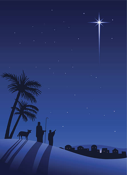 Shepherds at night Shepherds overlooking Bethlehem with the star in the night blue sky. shepherd stock illustrations