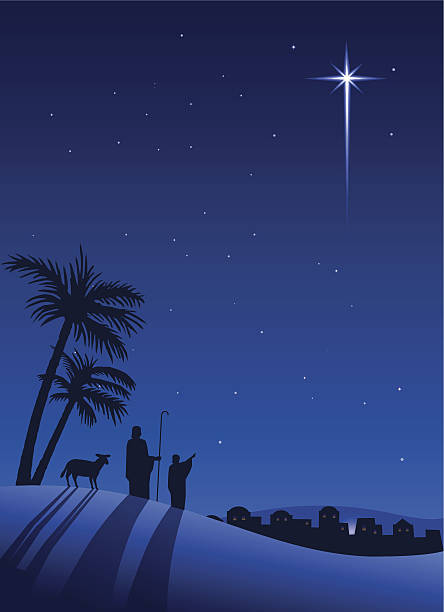 Shepherds at night Shepherds overlooking Bethlehem with the star in the night blue sky. bethlehem star stock illustrations