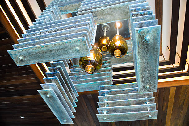 Geometric metal and glass chandelier stock photo