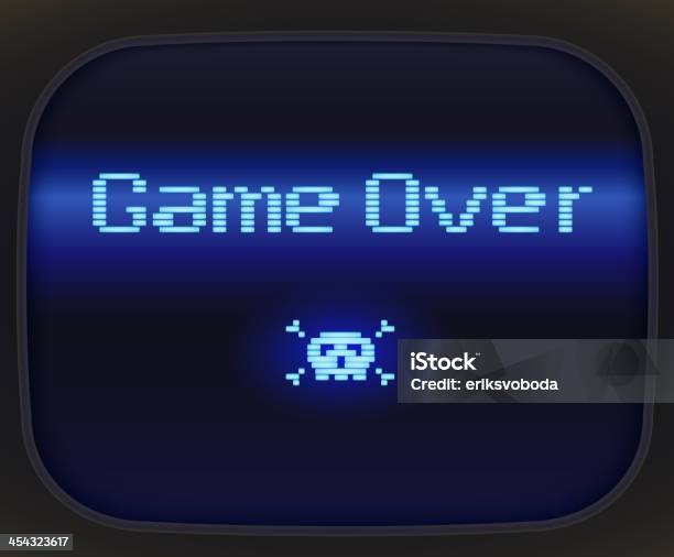 Game Over Sign And A Blue Neon Skull Stock Illustration - Download Image Now - Computer Monitor, Game Over - Short Phrase, Retro Style