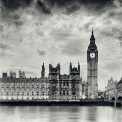 Vintage wet plate photo of the Big Ben and the House of the Parliament