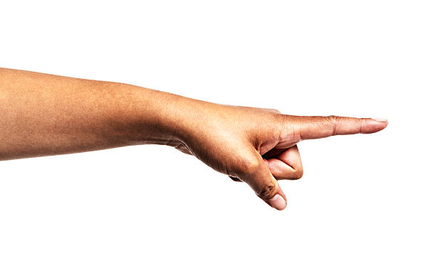 istock Female hand pointing to right, isolated on white. 454331723