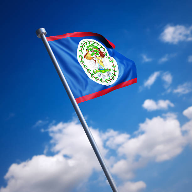 Flag of Belize on modern metal flagpole. Shallow depth of field and motion blur 3d render.