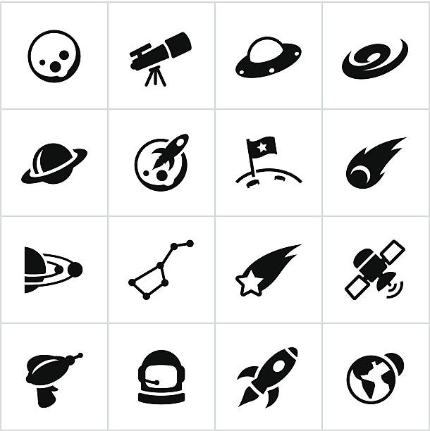 Black Astronomy Icons Space/astronomy icons. All white strokes/shapes are cut from the icons and merged allowing the background to show through. astronaut symbols stock illustrations