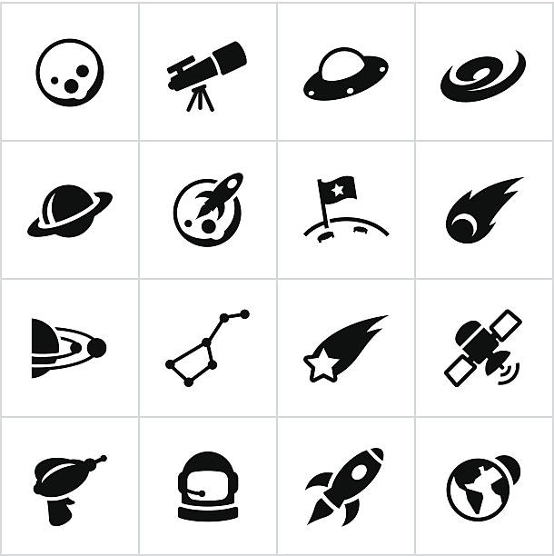 Black Astronomy Icons Space/astronomy icons. All white strokes/shapes are cut from the icons and merged allowing the background to show through. nasa stock illustrations