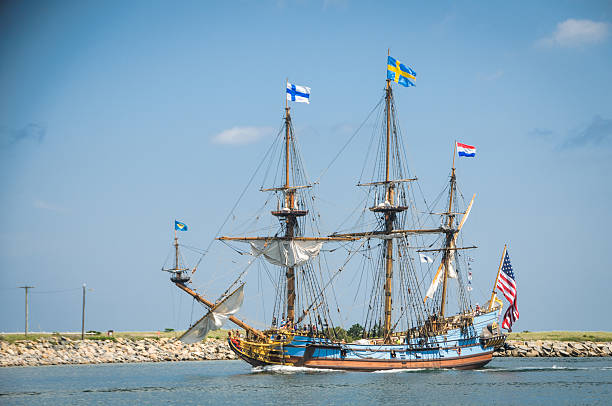 The Kalmar Nyckel, a United States  replica tall ship, sails  through the Cape Cod Canal as she heads for a port of call in New Bedford, Massachusetts.
