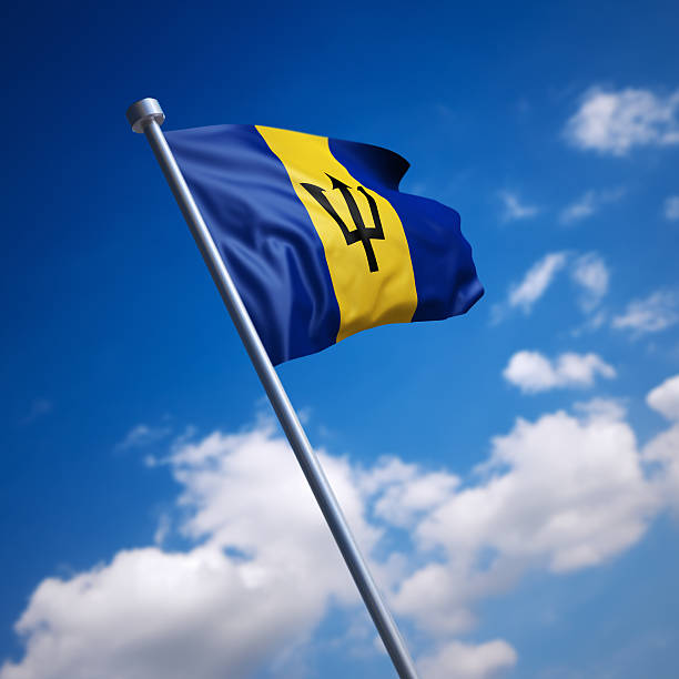 istock Flag of Barbados against blue sky 454338645