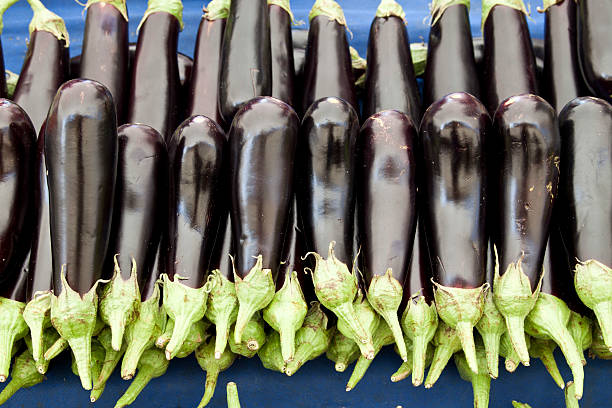 eggplants im street-markt - eggplant group of objects raw food eating stock-fotos und bilder