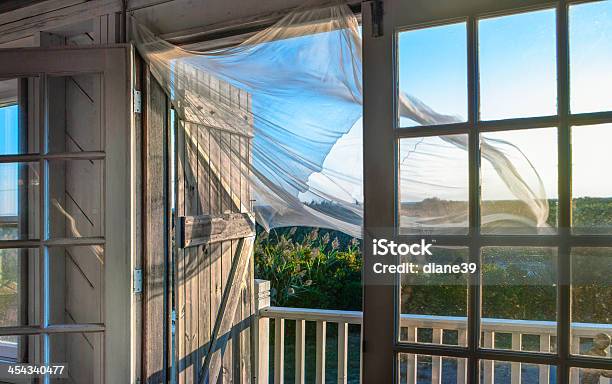 Morning Breeze At The Beach House Stock Photo - Download Image Now - Wind, Curtain, Window