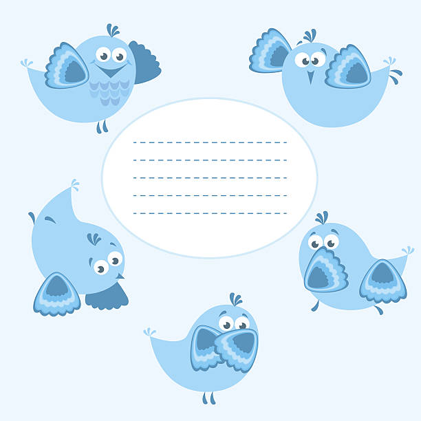 Notebook cover . Vector frame with 5 cartoon birds, with various emotions blue budgies cartoons stock illustrations
