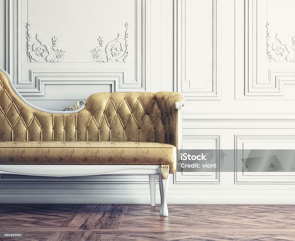 vintage interior Beautiful vintage sofa next to wall  (retro-style illustration) Luxury Stock Photo