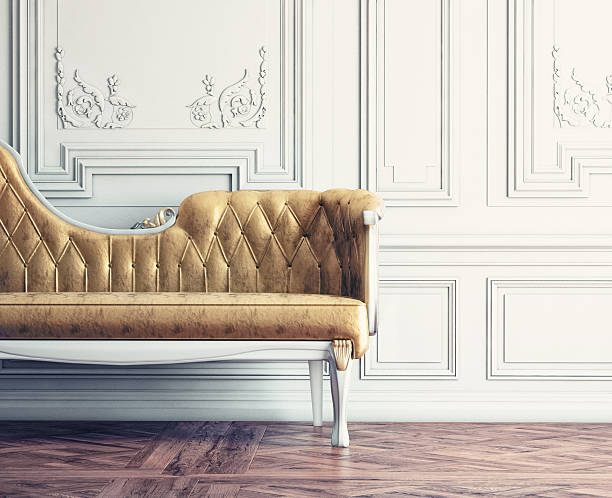 vintage interior Beautiful vintage sofa next to wall  (retro-style illustration) chaise longue photos stock pictures, royalty-free photos & images