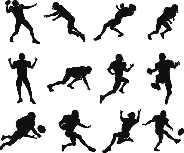 American football player silhouettes A set of highly detailed high quality American football player silhouettes. Vector file is eps 10 wide receiver athlete stock illustrations