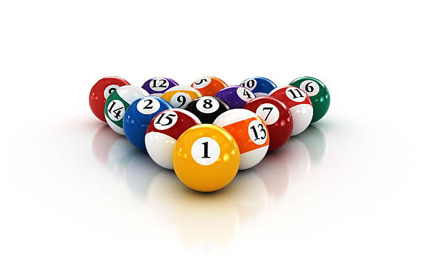 Billiard pool numbered balls arranged in a triangle shape stock photo