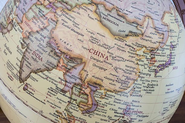 Map of China map of china with city detailed on desktop globe independent mongolia photos stock pictures, royalty-free photos & images